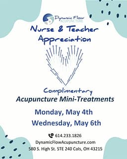 📣 CALLING ALL NURSES AND TEACHERS 📣
Join us next Monday evening or Wednesday morning for complimentary group acupuncture treatments to restore and relax tired minds + muscles.
Head to dynamicflow.simpletix.com to reserve your seat today!